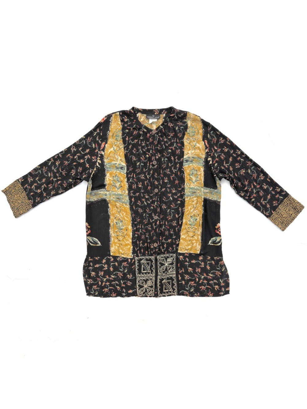 Vintage 90s Carole Little Black Floral Patchwork Textured Lightweight Shacket